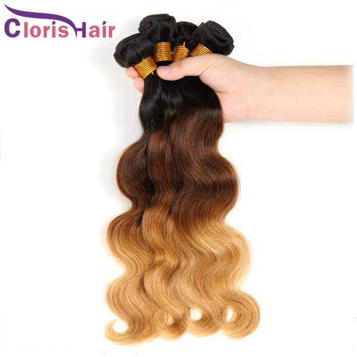 Blonde Cheveux Humains Bundles Vierge Péruvienne Corps Vague Ombre Armure Pas Cher 1B 4 27 Trois Tons Ondulés Extensions de Cheveux Colorés Fin Saine