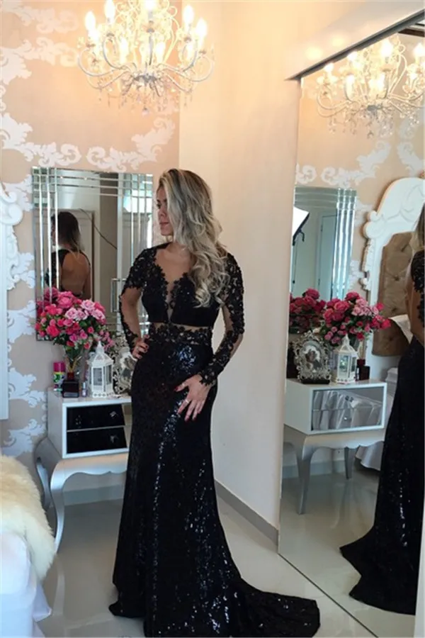 2019 черный цвет платье выпускного вечера высокого качества Барбара мело блестками спинки с длинными рукавами вечернее платье плюс размер vestidos de festa