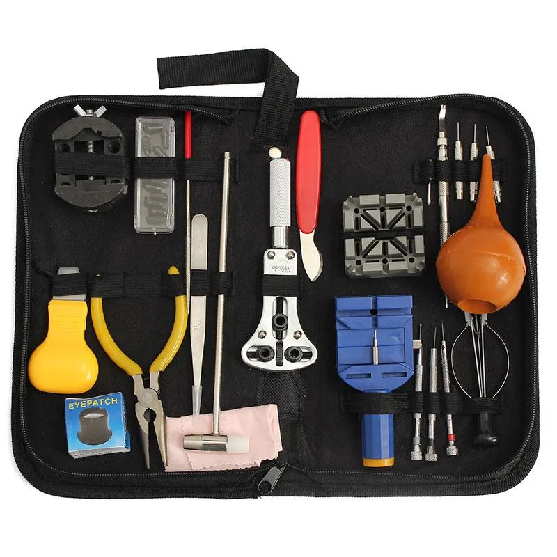 22 pièces Kit d'outils de réparation de montre ouvre-boîtier lien barre à ressort décapant boîte de transport pour horloger outil de réparation de montre glitter2008