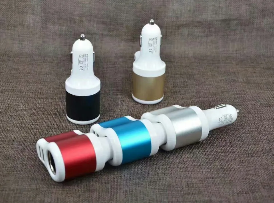 3 In 1 Dual USB Car Charger with Cigarette Lighter Interface 5V 2.1A Real for smart phone pad 