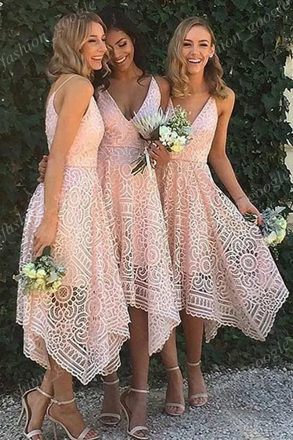 DHgate.com:Asymmetrical High Low Boho Pink Prom Party Dresses, Dark Navy V  Neck Short Bridesmaid Dresses, Bohemian Lace Wedding Guest Dress:Wedding ,  Party \u0026 Events