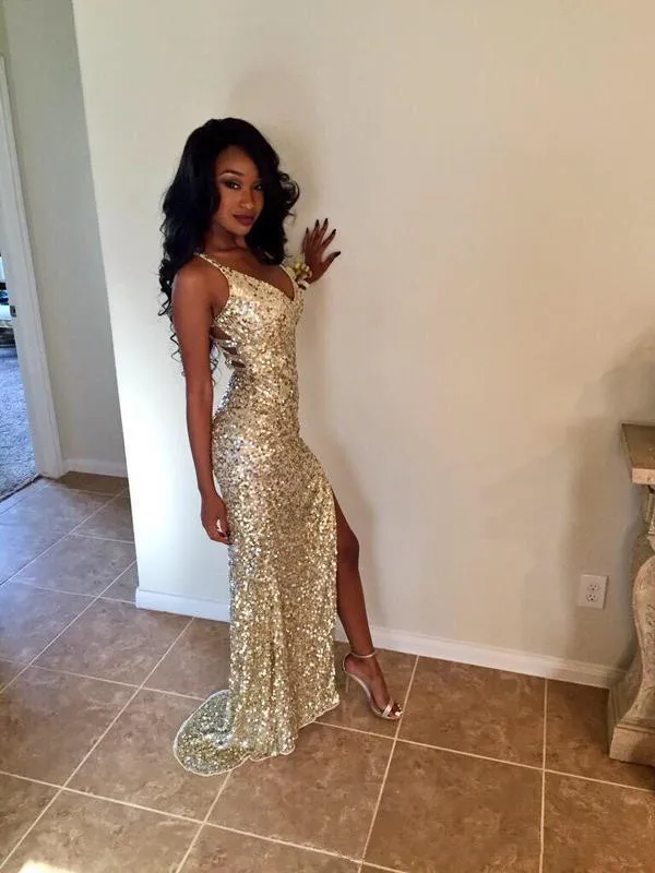 Sparkle cekiny srebrne złoto seksowne sukienki balowe v szyja 2016 High Slit Mermaid Cross Back Back Plus Size