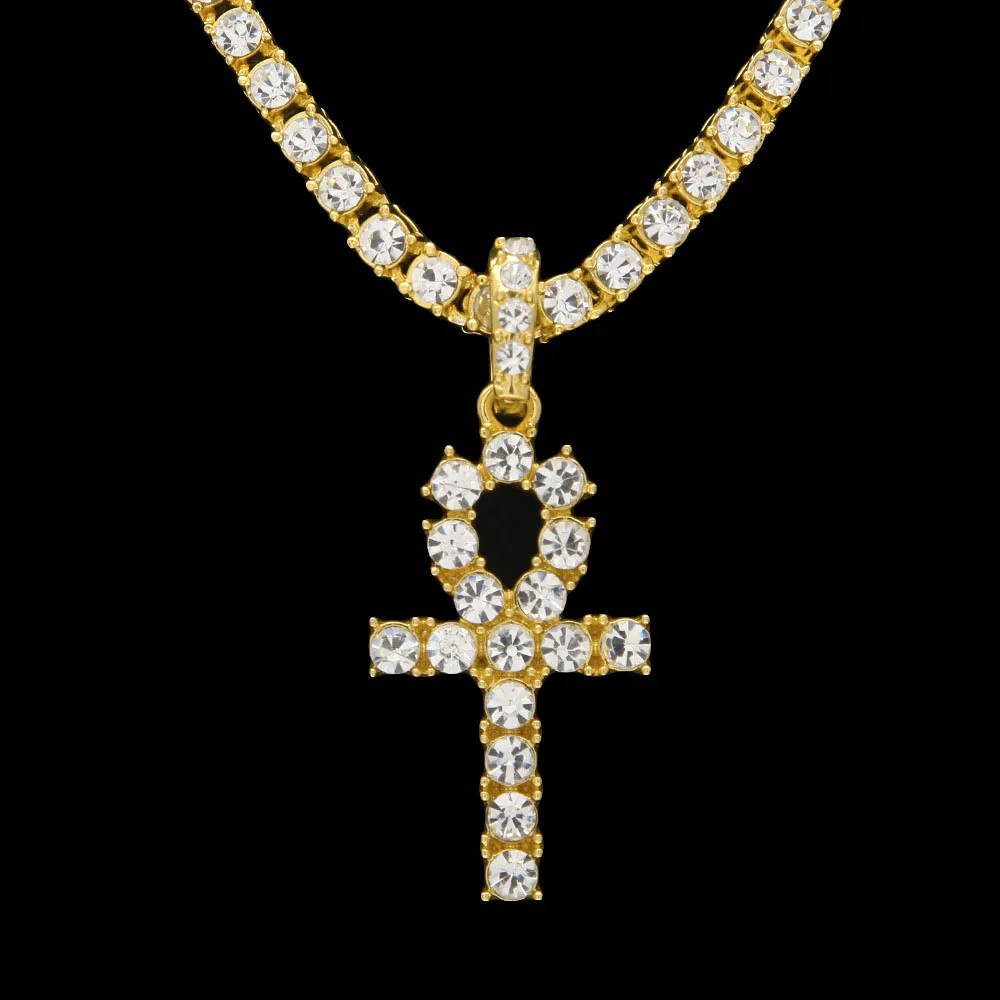 Fashion Vintage New Arrival Egyptian Ankh Key Of Life Pendant Necklace Gold Silver Bling Rhinestones Hip hop Pharaoh Link Chain Je5865903