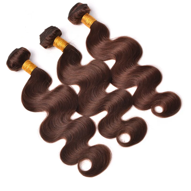 Marrón oscuro # 4 onda del cuerpo del cabello humano 3 paquetes de virgen brasileña trama de cabello humano de color marrón chocolate onda ondulada del cuerpo extensión 10-30 pulgadas