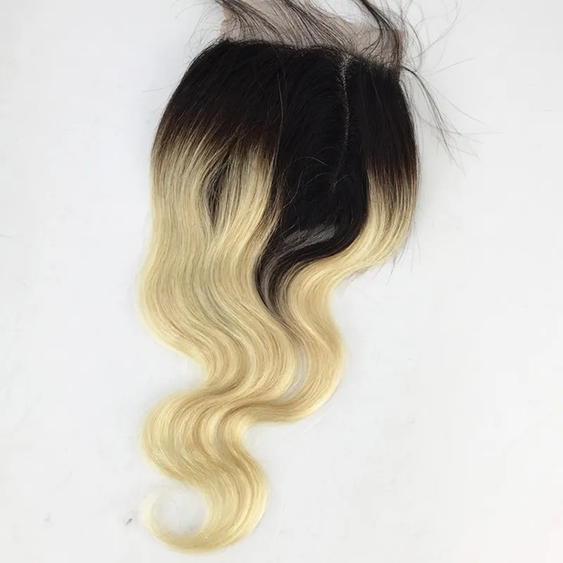 4x4 Koronki Zamknięcie Ombre Blonde 1B 613 Dwa Tone Human Hair Brazylijski Dziewiczy Włosy Proste Body Wave Bleached Węzły Bezpłatna część Szwajcarska Koronka