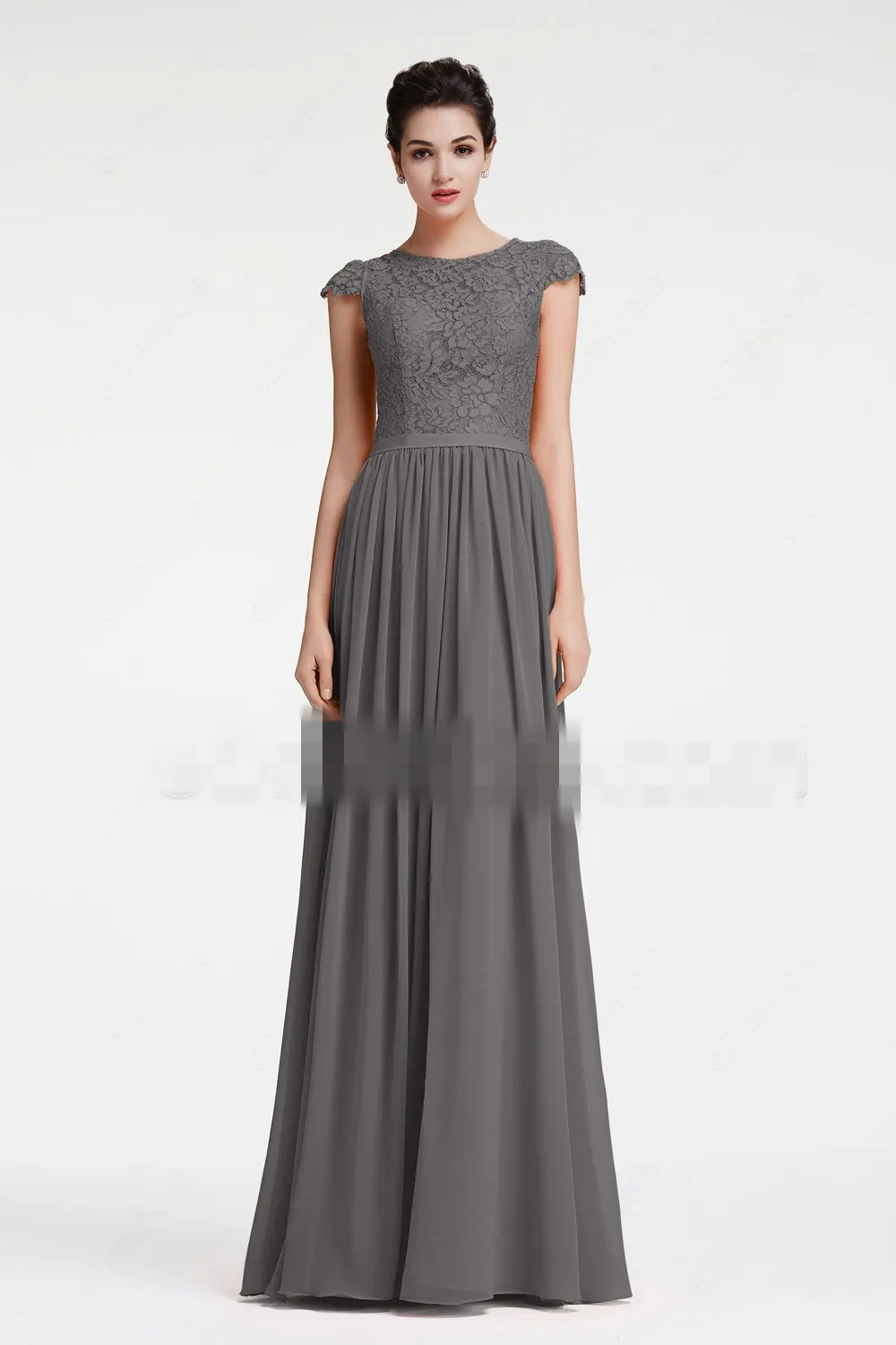 Beach Long Modest Bridesmaid Dresses With Cap Sleeves Grey Lace Chiffon Country Summer Wedding Party Gowns Maids of Honor Dress 2019