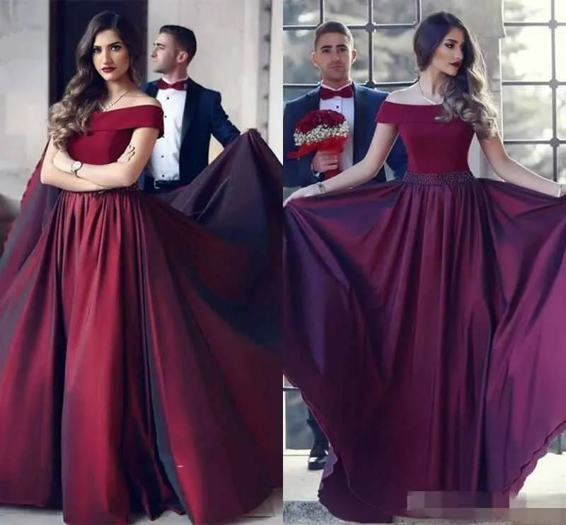 2019 Dark Red Off The Shoulder Prom Dresses A Line Sash Beads Sequins Satin African Dresses Evening Wear Floor Length Women Party Gowns