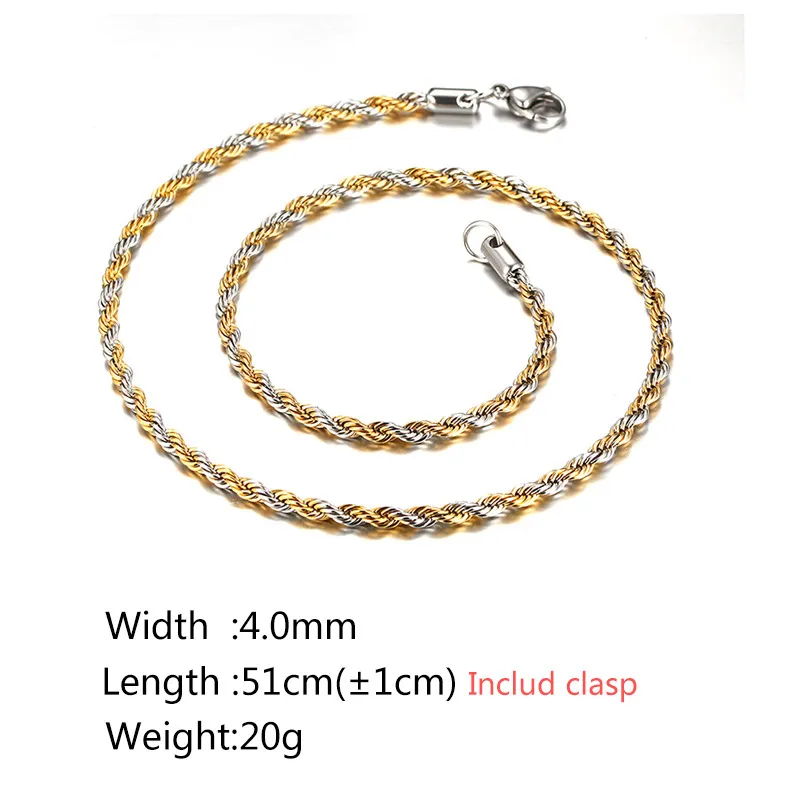 4MM Wide Link Chain Necklace Twisted Chain Gold+Sliver Men Necklaces Long Stainless Steel Chain