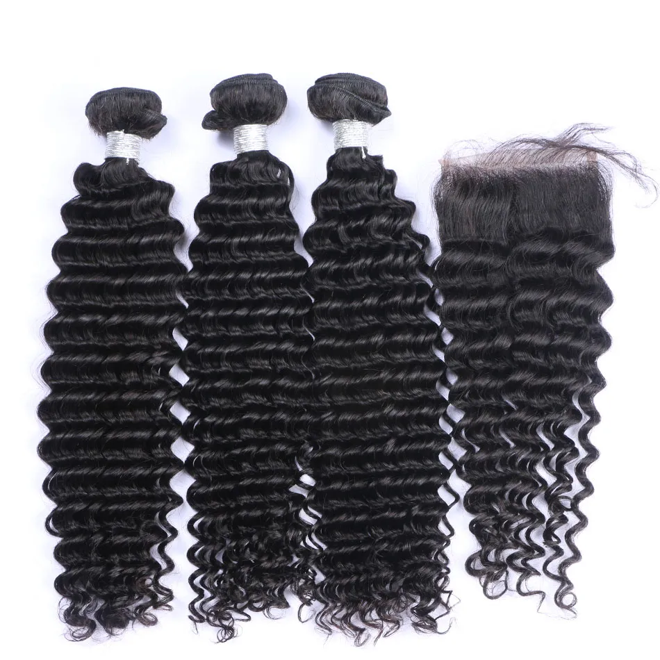 Lace Closures With 3 Bundles Brazilian Curly Virgin Human Hair Weaves 8A Peruvian Malaysian Cambodian Indian Mongolian Jerry Curly Hair Weft