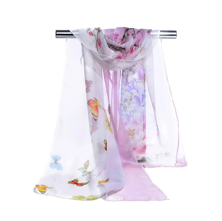 Femmes en mousseline de soie châle vêtements de plage printemps nouveau 2017 mode femmes foulard en soie en mousseline de soie écharpe châles papillon et grande fleur imprimer