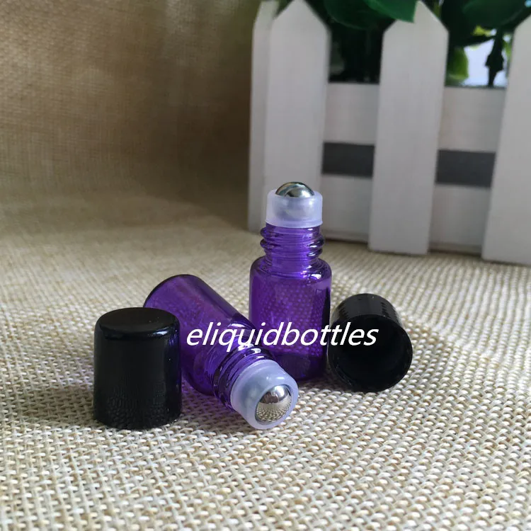 NOUVEAUX PRODUITS !!! Mini bouteilles en verre violet de 2ml, avec rouleau en acier inoxydable, couvercles noirs, pour jus d'huile essentielle, maquillage, 1800 pièces/lot