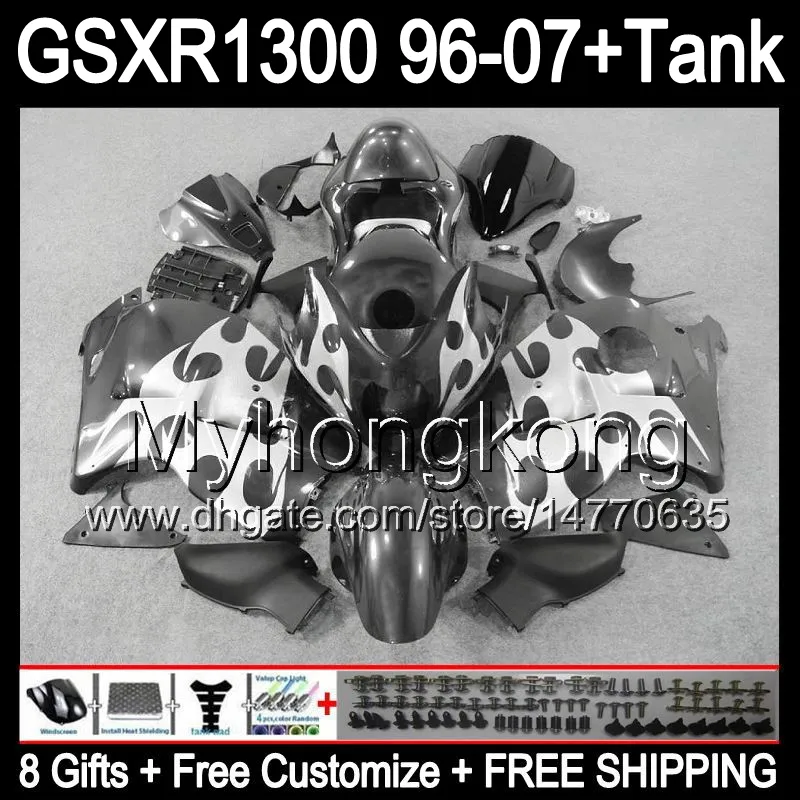 8gift argent noir Pour SUZUKI Hayabusa GSXR1300 96 97 98 99 00 01 13MY41 GSXR 1300 GSX-R1300 GSX R1300 02 03 04 05 06 07 TOP carénage argent