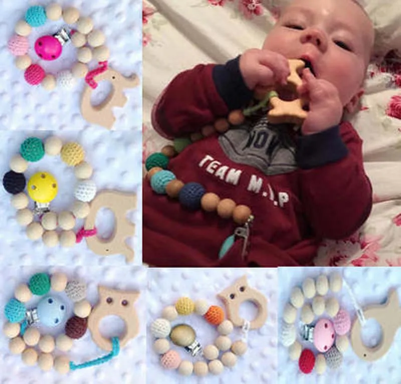 10 couleurs Beads Crochet Beads Baby Naissance Cadeau Pacificatrice Porte-Porte-Porte-Porte-cordons en bois Naturel avec jouets en bois Eléphant A01