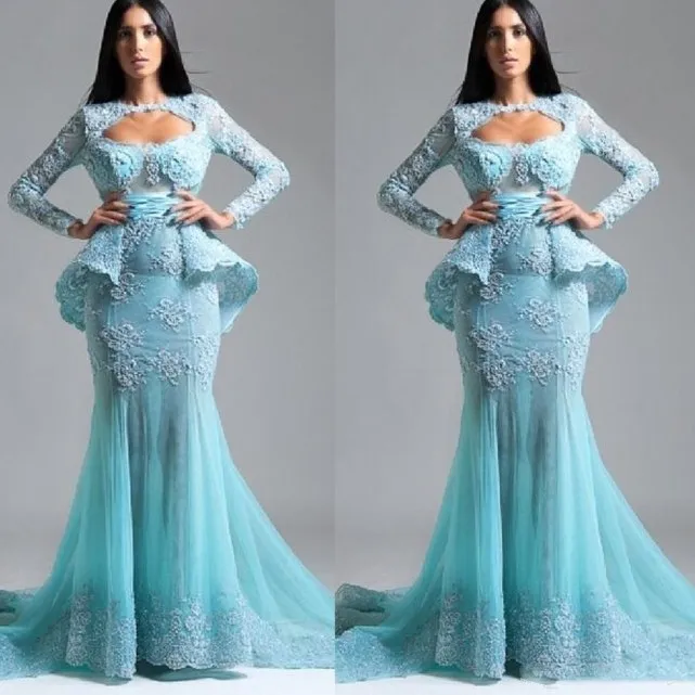 Saudyjska Arabia Długie Rękawy Prom Dresses Light Blue Lace Aplikacje Peplum Suknie Wieczorowe Tulle Mermaid Formalna Party Dress Vestidos