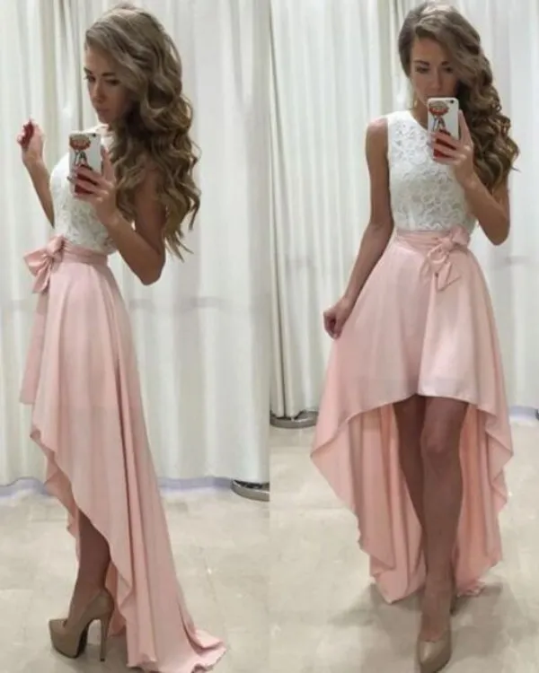 Dresses 2019 Charming High Low Prom Dresses Jewel Neck Sleeveless Lace Top Short Front Long Back Blush Pink Formal Party Gowns with Bow