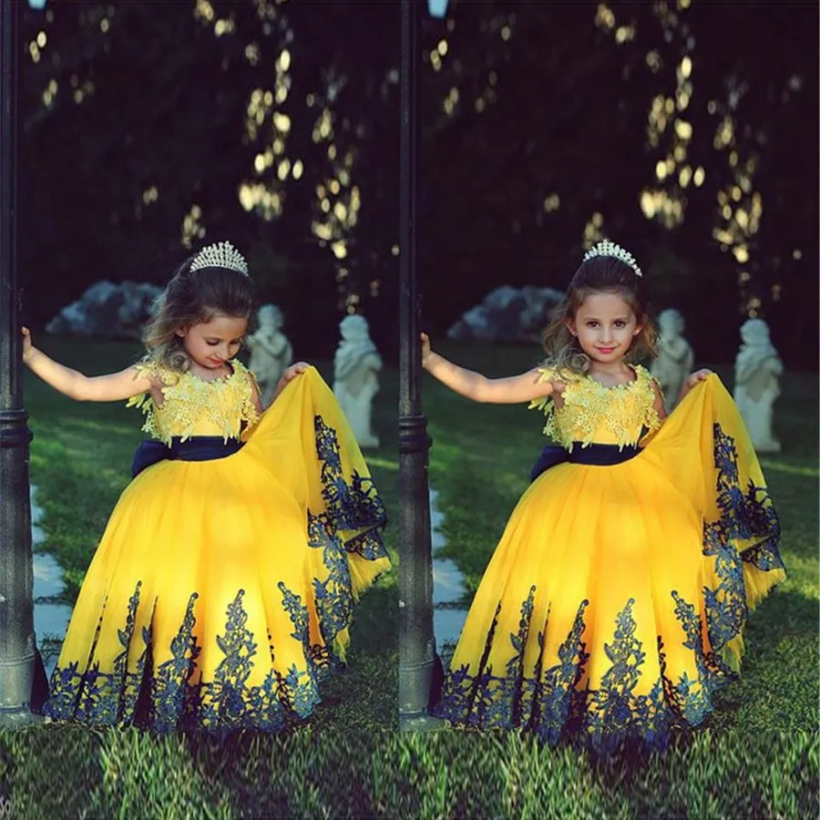 Saidmhamad Flower Girl Dresses With Applique Two Stones Yellow and Dark Blue Ball Gown First Communion Dress for Girls273W