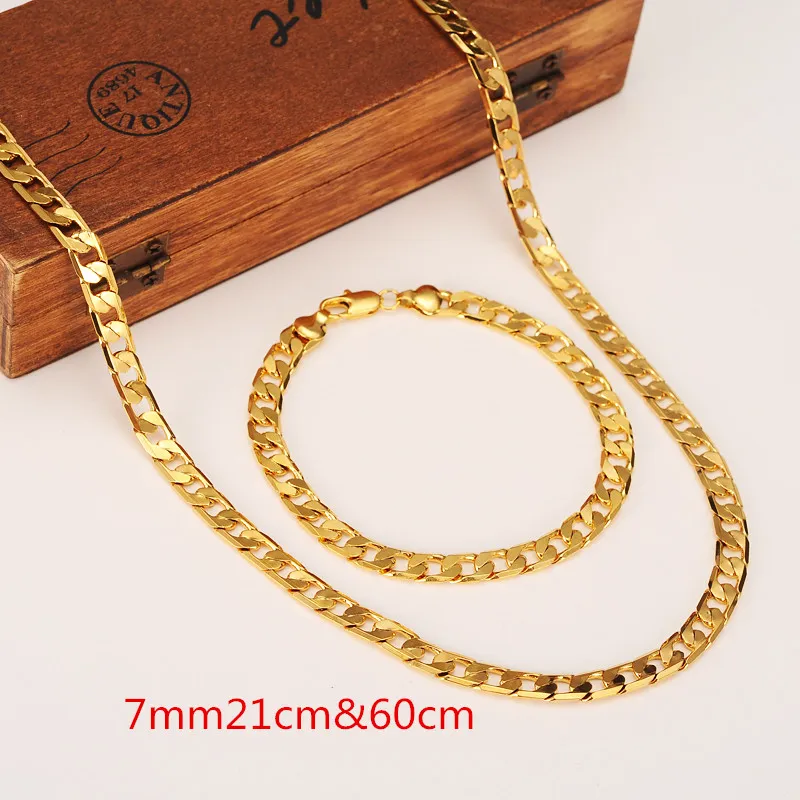 Womens Mens Chain 14k Gouden GF Ketting Curb Link Gele Solid Gold Filled Necklace 600mm Armband 210mm * 7mm Ketting Sieraden Sets