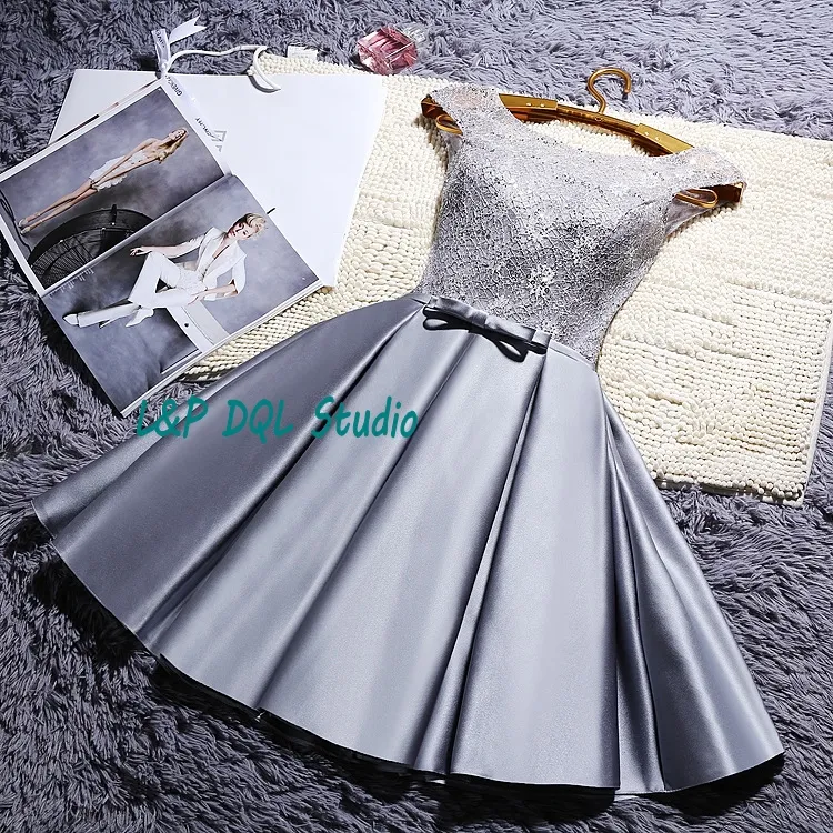 Silver Gray Party Dresses Arrival Real Photos Satin with Lace Prom Gowns Knee-Length Red,Royal Blue,Champagne,Red Cocktail Dress