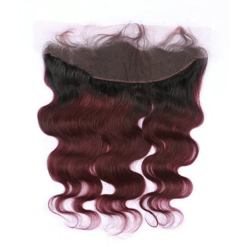 Vinröd Ombre Brasiliansk Virgin Human Hair Wefts Med Front Body Wave 1B / 99J Burgundy Ombre Lace Frontal Stängning 13x4 med buntar