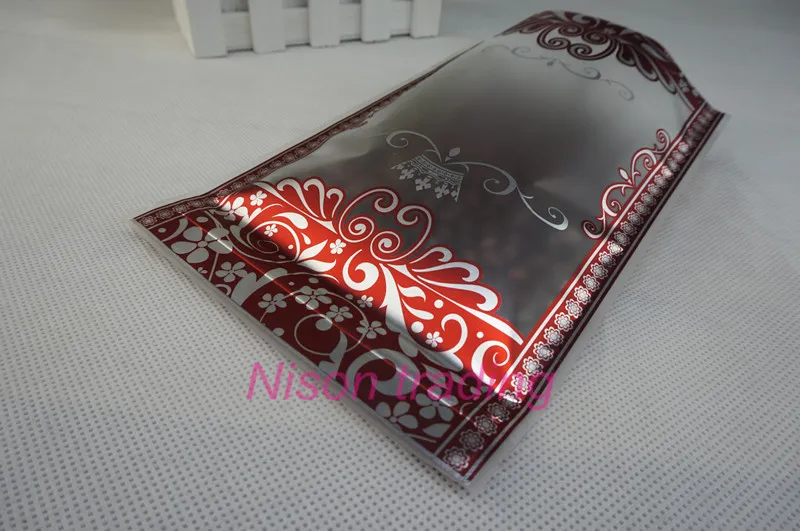 12x20cm standing matte transparent plastic ziplock bag with silver flower printing, coffee bean poly sack, candy red edge pouch
