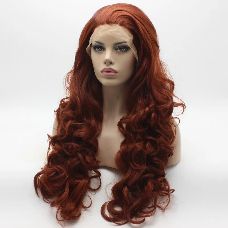 Iwona cabelo ondulado longo vinho peruca 5350 meia mão amarrada resistente ao calor peruca dianteira do laço sintético5480462