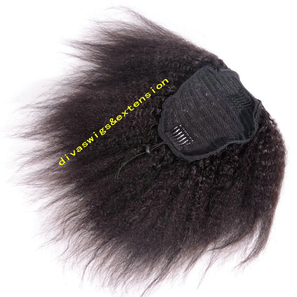 Vendita calda Capelli umani Coda di cavallo Capelli naturali donne nere, Kinky Straight Italian Yaki Straight Coulisse Coda di cavallo Estensioni nero naturale