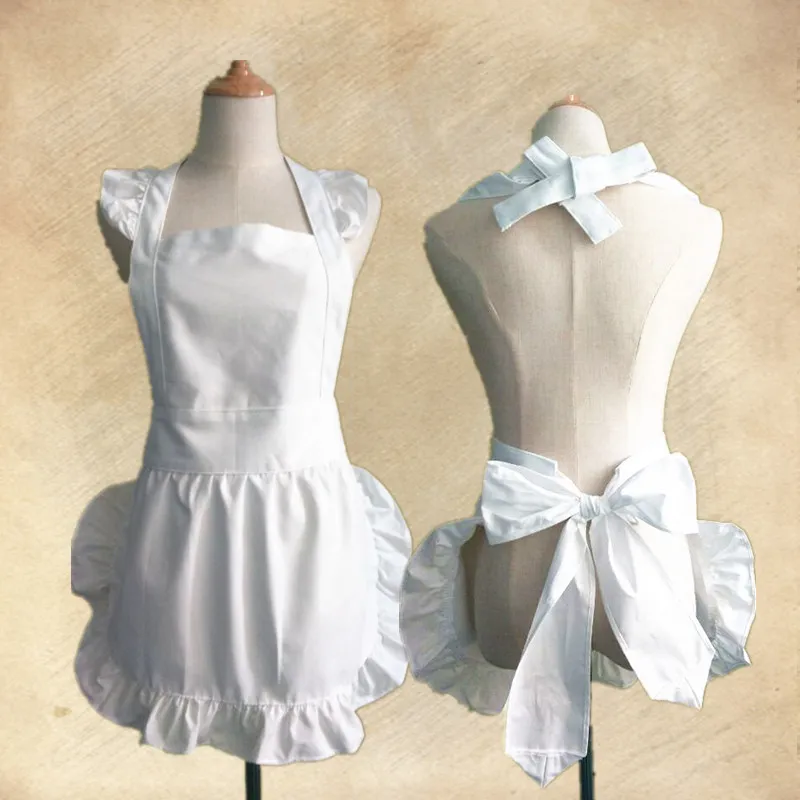 Wholesale-Japanese Style Women Elegant White Ruffle Cotton Apron Short Style with Corss Back Adult Cosplay Apron