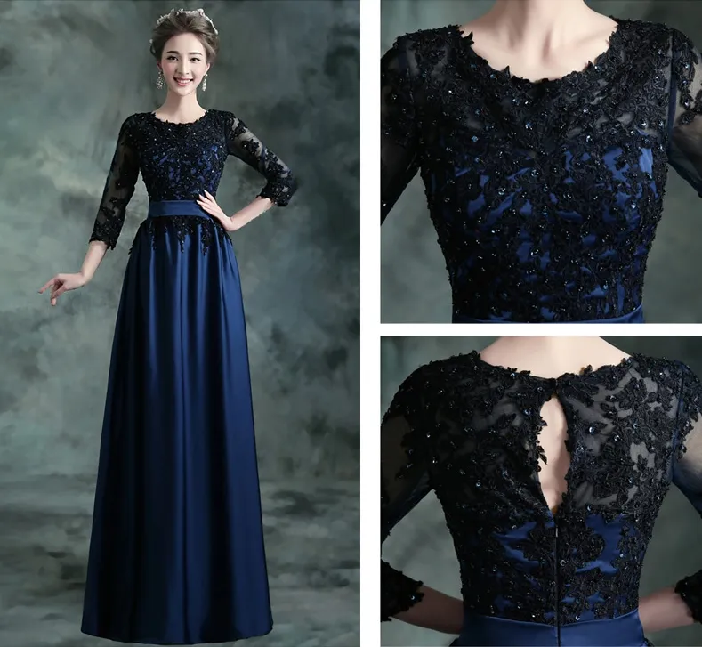 Navy Blue Long Modest Bridesmaid Dresses With 3/4 Sleeves Beaded Lace Satin Wedding Party Dresses Winter New Cheap Brides Maid Dress