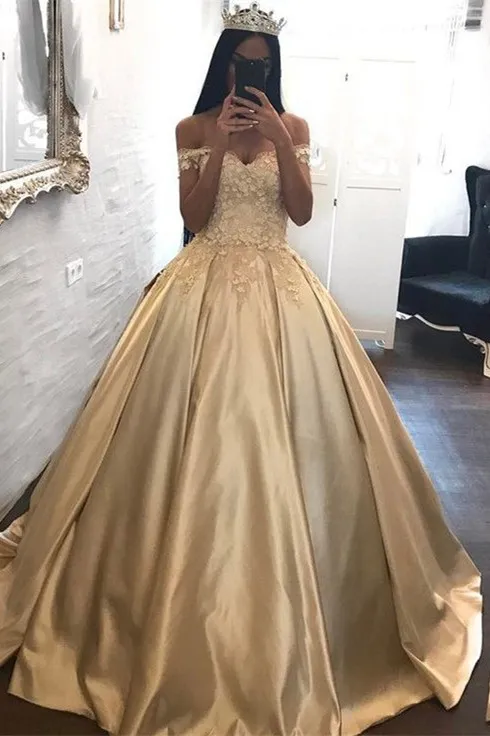 Neueste schulterfreies Gold-Satin-Ballkleid-Brautkleid mit Spitze, lange formelle Kleider, Applikation, Schnürung am Rücken, bauschiges Brautkleid