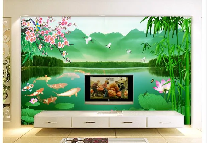 Neun Fischfigur Chinese Wohnzimmer TV -Wanddekoration Malerei Wandmauer 3D Tapete 3D Wallpapiere für TV -Hintergrund