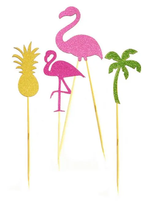 Flamingo Pineapple Coconut Tree Cake Toppers BBQ Hawaiian Tropical Summer Party Food Cocktail Wedding Cupcake Toppers Sticks Decoration