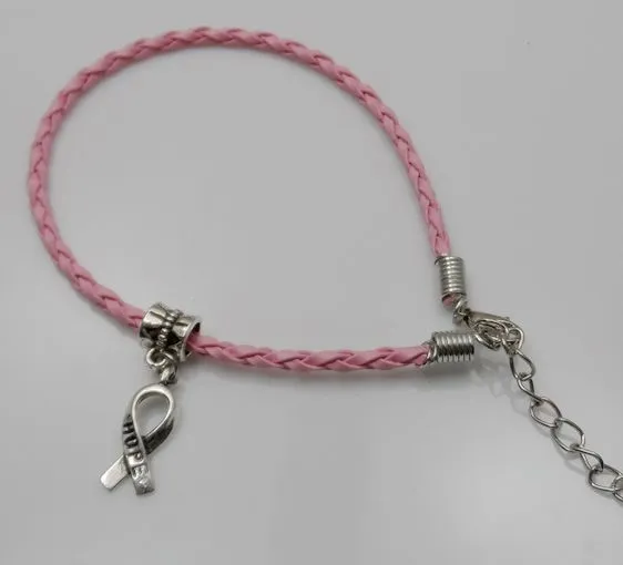 100pcs/lot Hope Breast Cancer Awareness Ribbon Charm Pendant Leather Rope Cham Bracelet Fit for European Bracelet Handmade Craft DIY