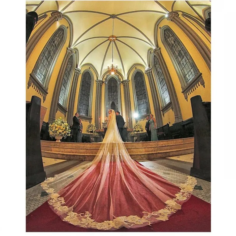 Handmade cathedral veil 4 meters Royal Cathedral Length Wedding Veil, Single Tier Floral Lace  main image 2