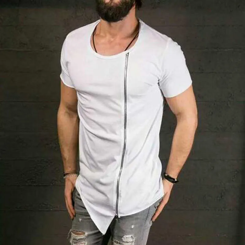 T-shirt in cotone Sfilata di moda da uomo T-shirt lunga elegante T-shirt asimmetrica con cerniera laterale con collo grande T-shirt a maniche corte maschile T-shirt hip-hop