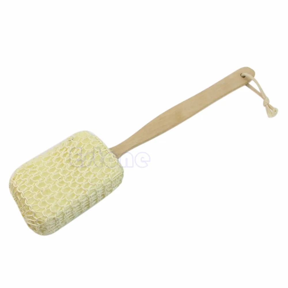Venda Por Atacado-Madeira Loofah Longo Handled Spa Body Sponge Duche Bath Sisal Brush