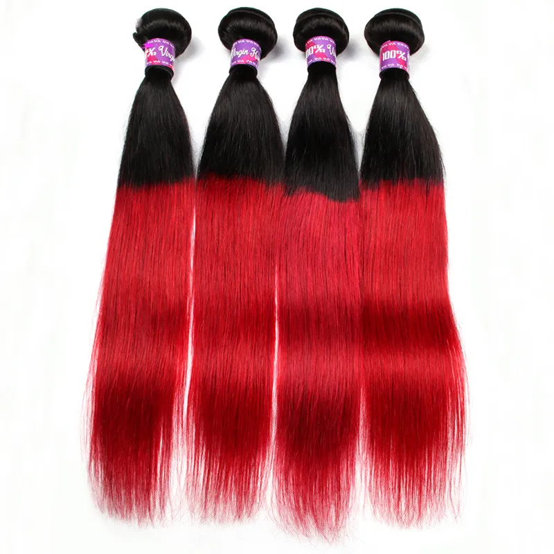 Brazilian Ombre Straight Human Hair 3 Bundles Colored Brazilian 1B/Red Hair Weave Cheap Two Tone Brazilian Red Virgin Hair Deals