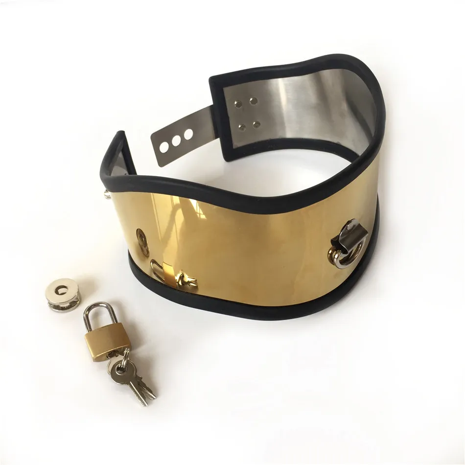 Luxury Titanio Gold Neck Any Metal Metal inossidabile Restrizione in acciaio Postura Organizzazione di giochi sesso BDSM adulti giocattolo maschio Fe2110654