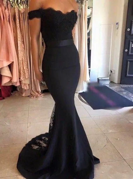 Vestidos Cortos de Gala Modest Long Black Lace Prom Dresses 2019 Off Shoulder Sweetheart Chiffon Chiffon Bridesmaid Dress Women Part236c