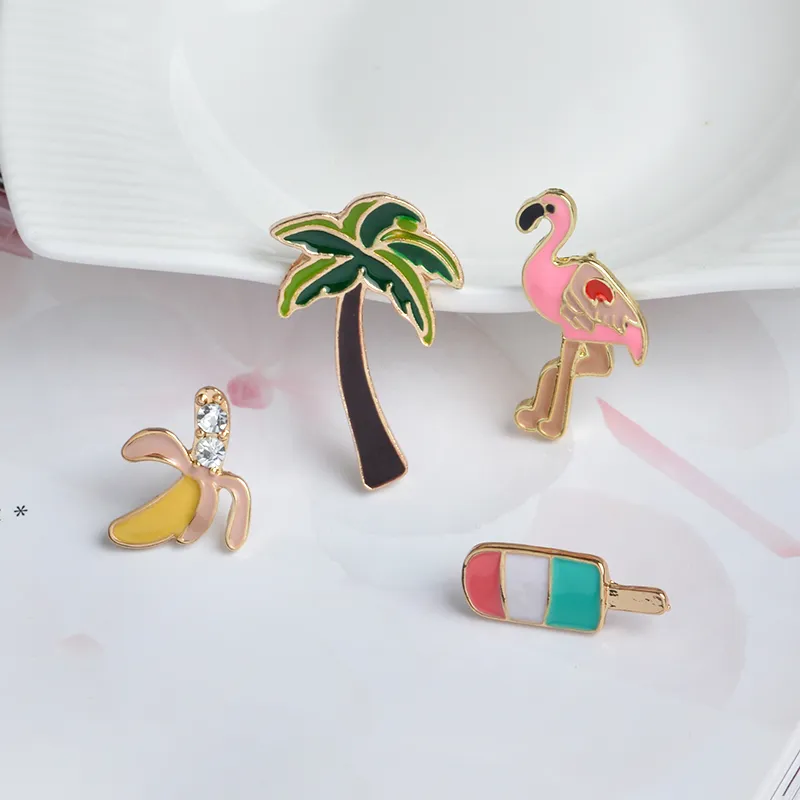 Flamant rose palmier banane crème glacée café broches broche ensembles Badge femmes mode mignon broche bijoux en gros