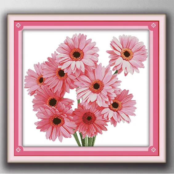 Chrysantheme rosa Blumen Wohnkultur Malerei, handgemachte Kreuzstich-Stickerei-Nadelarbeitssets, gezählter Druck auf Leinwand DMC 14CT /11CT