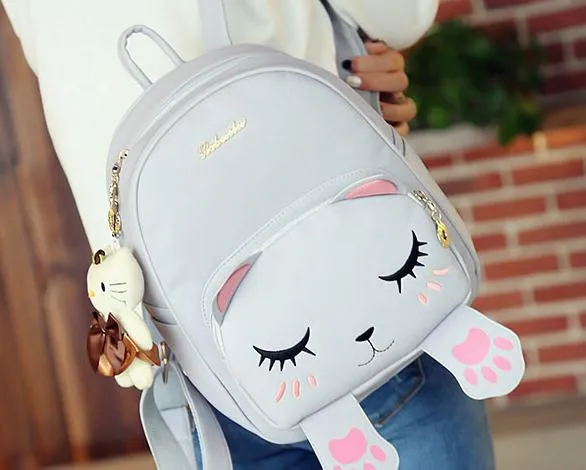 Wholesale- School Backpacks Style Women Backpack Black Cat Fun Quality PU Leather Fashion Women Sweet Shoulder Bag Travel Books Rucksack