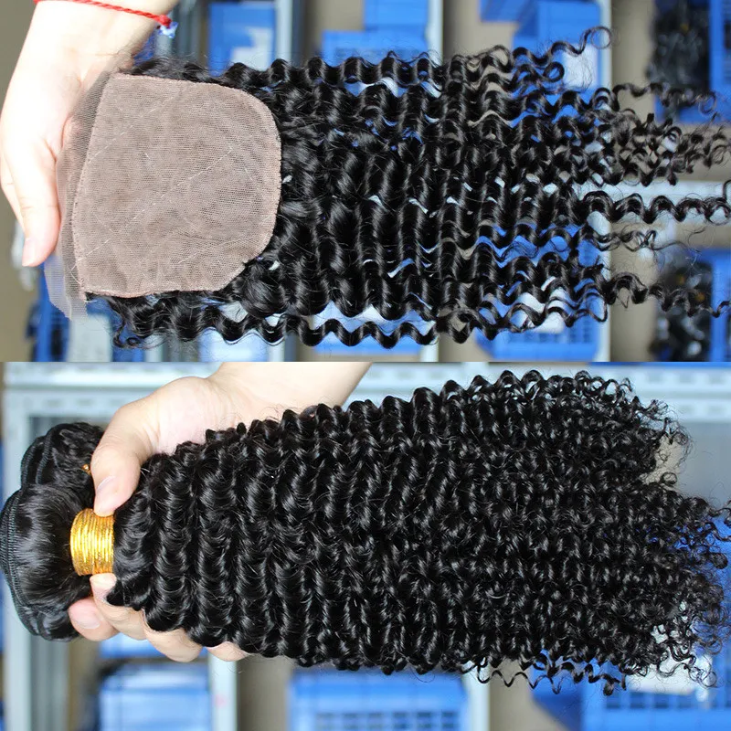 Brazian Kinky kıvırcık bakire saç örgüsü 44 ipek taban dantel kapanışı ile insan saçlı demetler