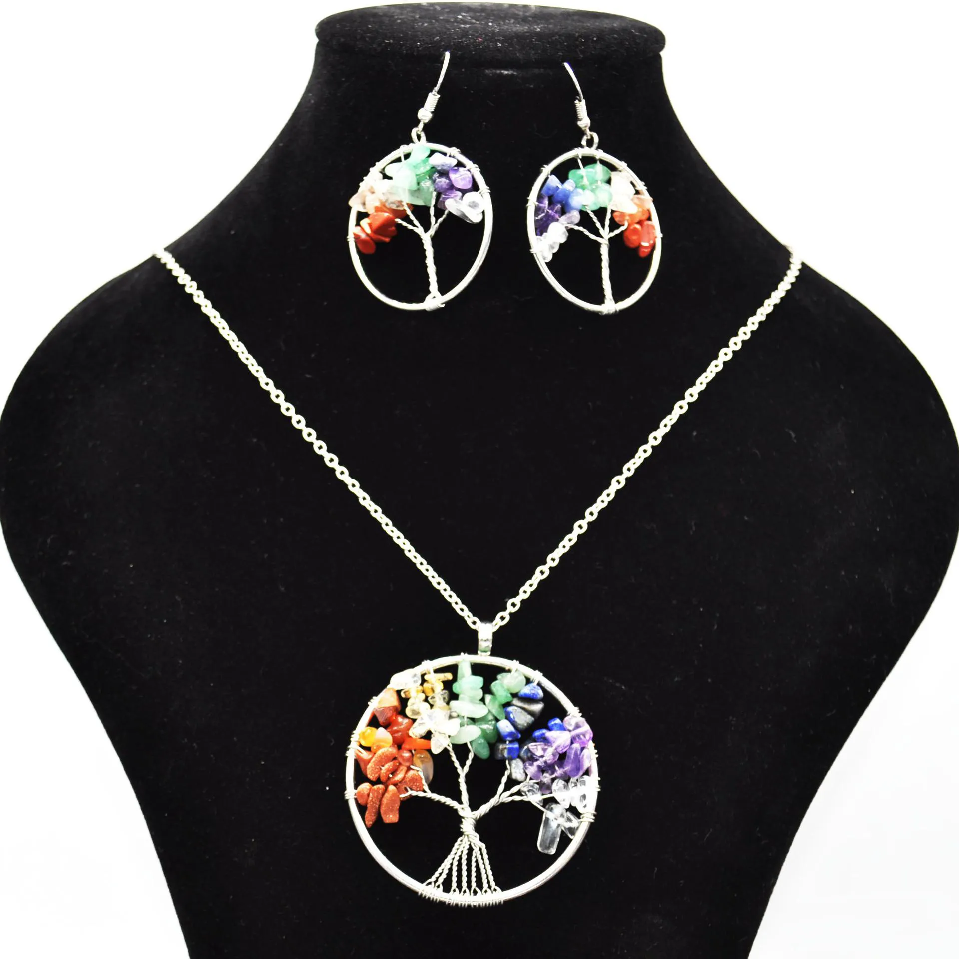 Mujeres Arco Iris 7 Chakra Amatista Árbol de la vida Cuarzo Chips Pendientes Collar Conjunto de joyas Multicolor Árbol de la sabiduría Collar de piedra natural