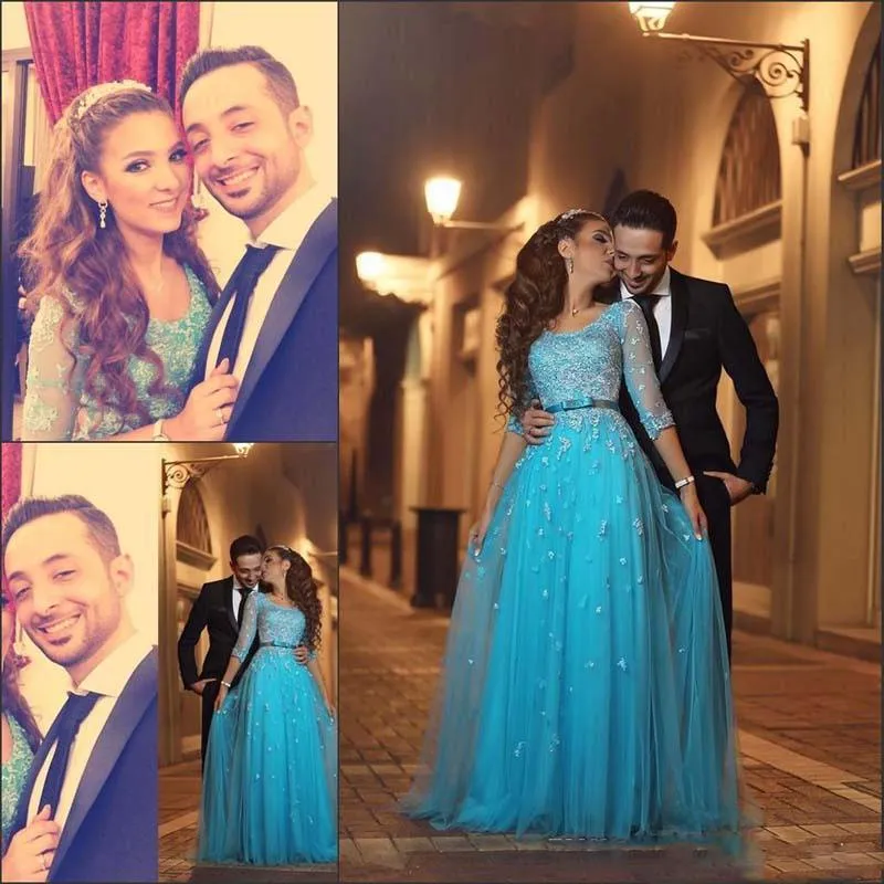 Ice Blue Sheer Sleeve Prom Dresses Lace Appliques Tulle Covered A Line Evening Gowns Saudi Arabia Floor Length Formal Party Dress
