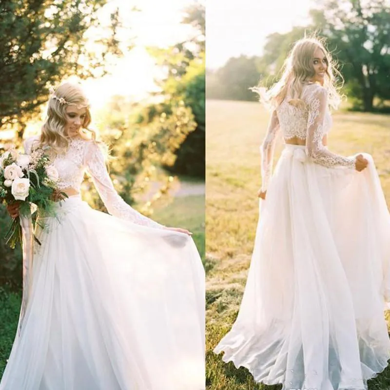 Long Sleeve Lace Wedding Dress, Boho Chiffon and Lace Wedding