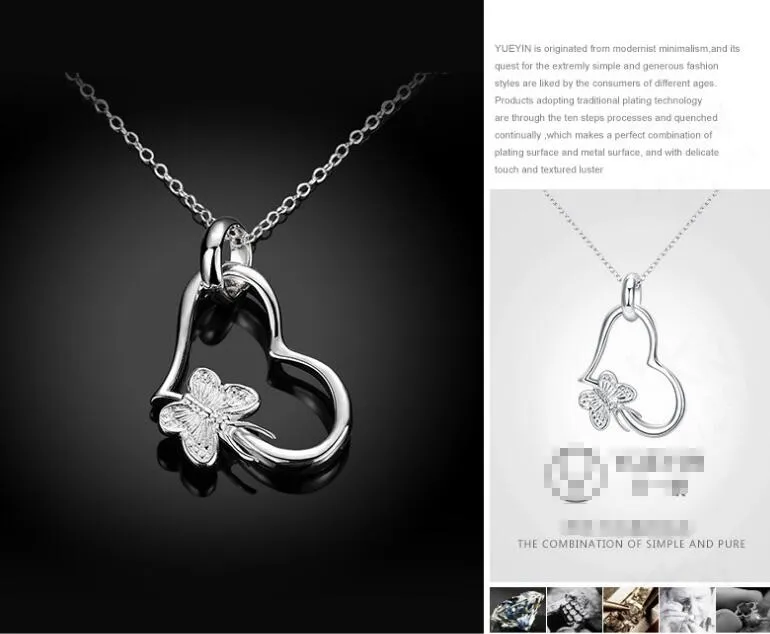 silver plated pendant,925 fashion Silver jewelry butterfly heart pendants necklace for women/men +chain G995
