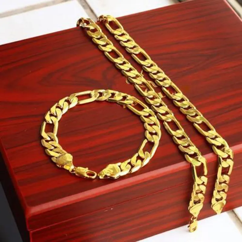 heavy 12MM 18K Yellow Solid Gold Filled Men's Bracelet + Necklace 23.6" Chain Set Birthday Gift