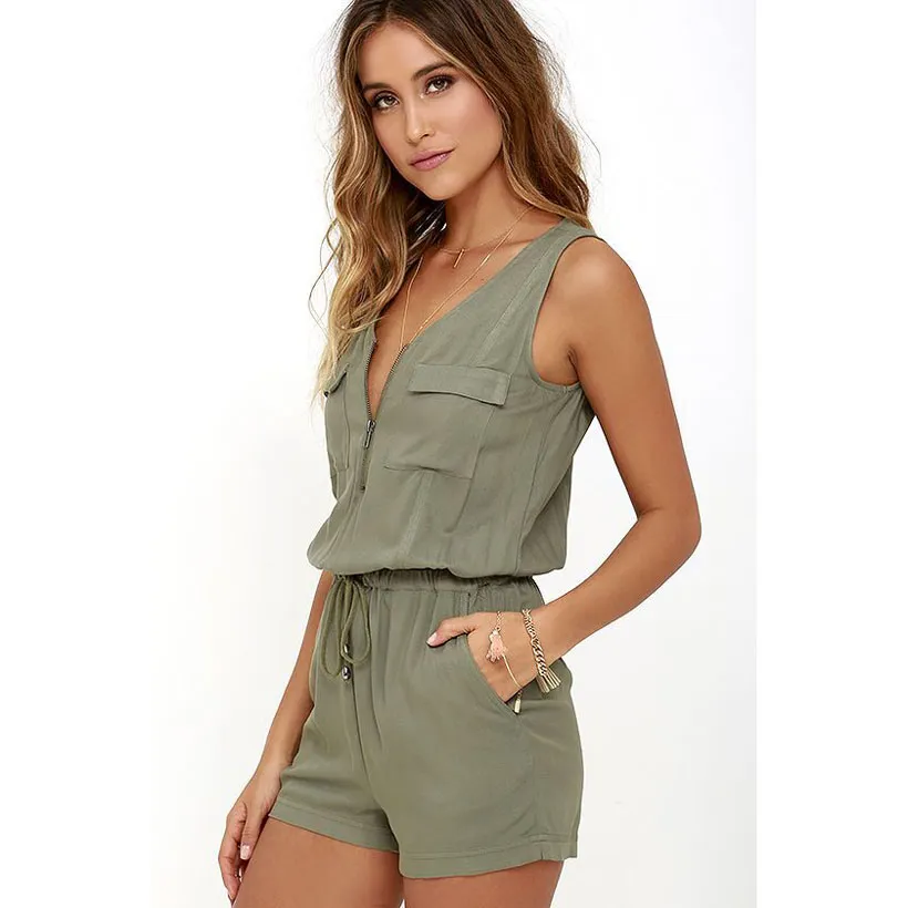 Sexy Sleeveless jumpsuit shorts romper summer women V-neck zipper pockets jumpsuit lady Fashion beach coveralls female frock