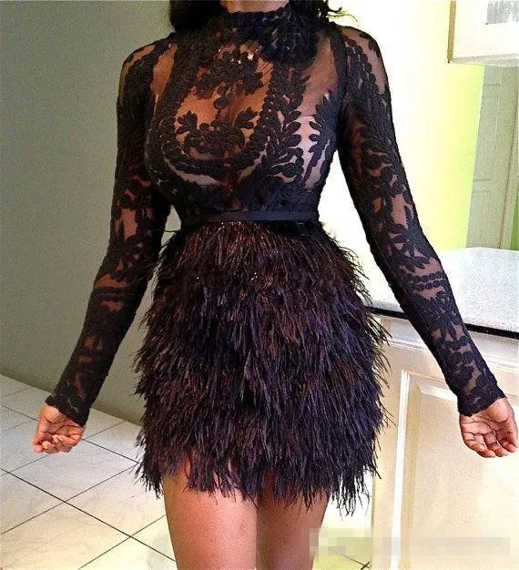Sexy Black Lace Cocktail Party Sukienki z piórami 2019 Sheer Neck Długi rękaw Długość kolana Plus Size Evening Games Wears Vestidos