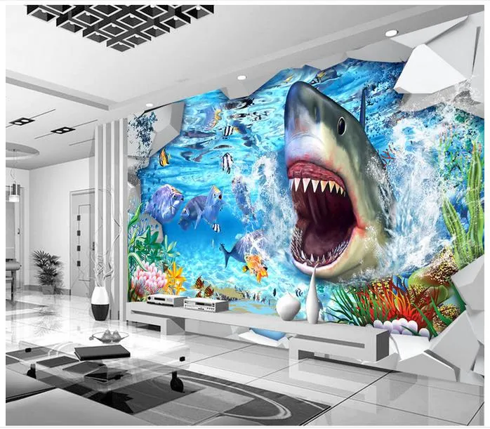 Custom 3D Shark Shark Wallpaper Mural Underwater World Background For  Living Room Wall Art From Ygf458, $24.24